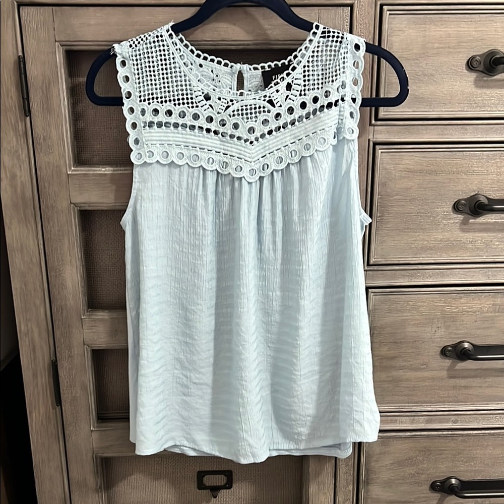 Baby Blue Embellished Cropped Tank Top with Bib Collar